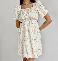 Short-Sleeve Square Neck Floral Print Mini A-Line Dress