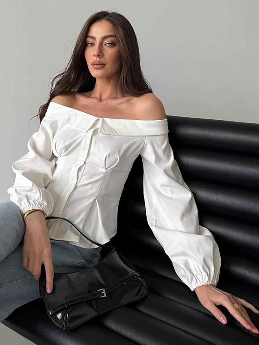 White Button-up Off-shoulder Top