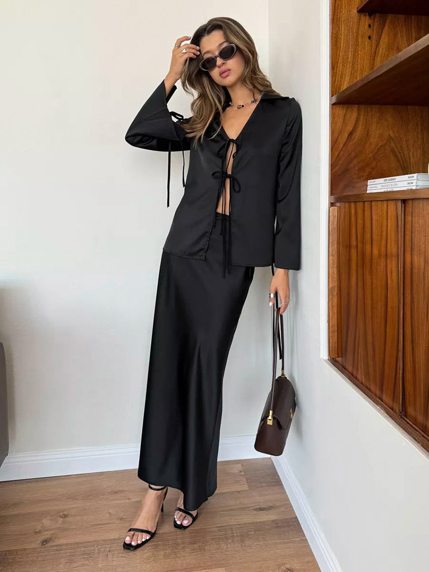 Bell Sleeve Tie Top Fishtail Skirt Set