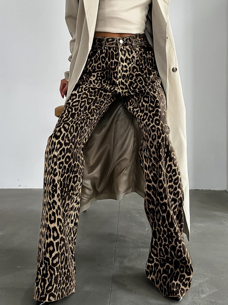 Loose Low Waist Leopard Print Trousers