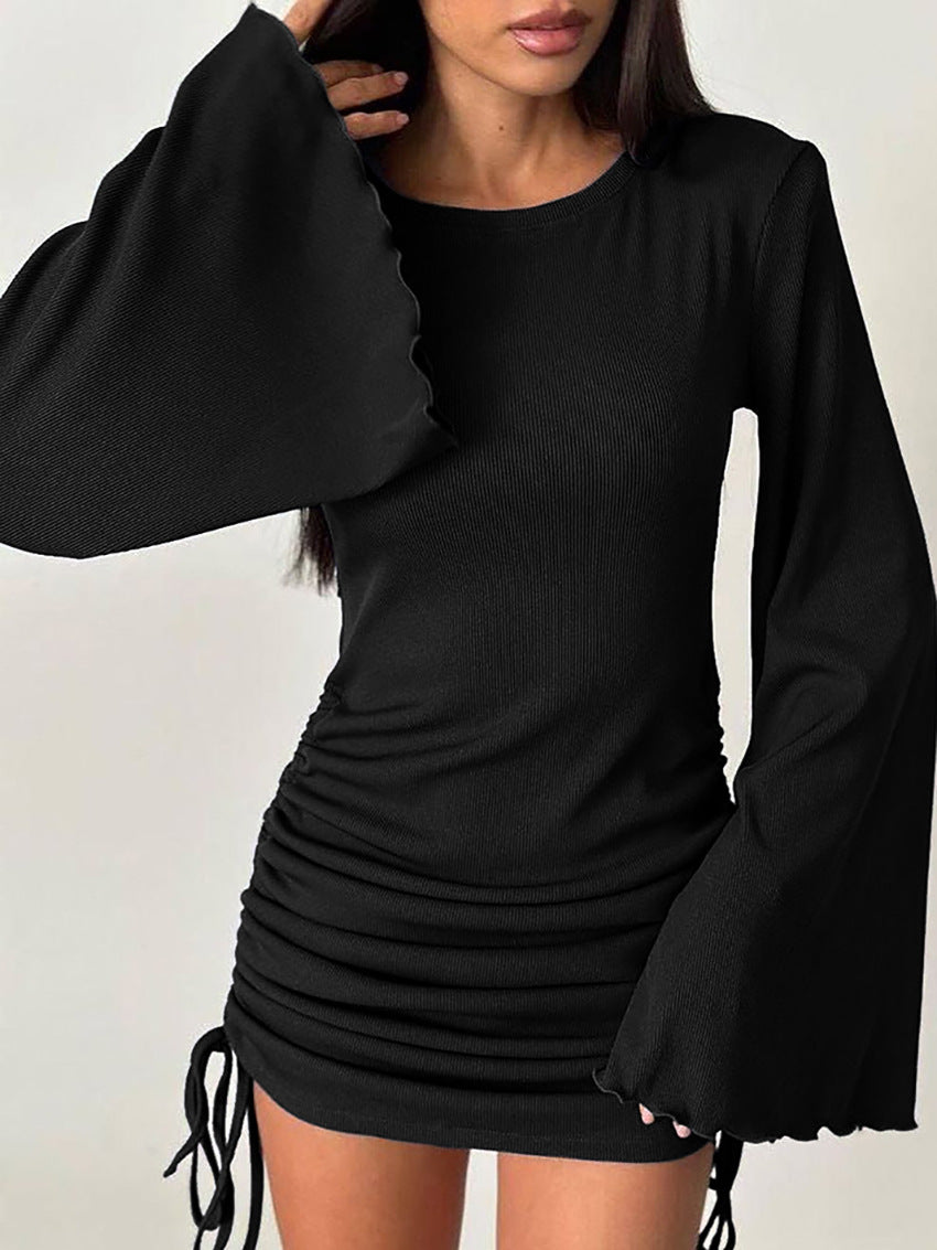 Flare Sleeve Pleated Thermal Lined Dress