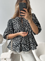 Leopard Print Puff Sleeve Tie Front Top