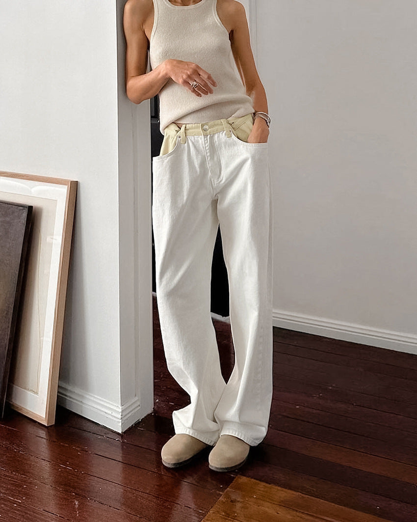 Contrast Color Straight Pants With Pockets