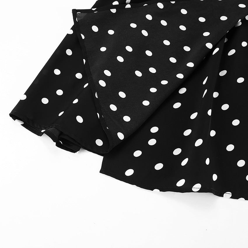 V-Neck Polka Dot Long Sleeve Black Short Dresses