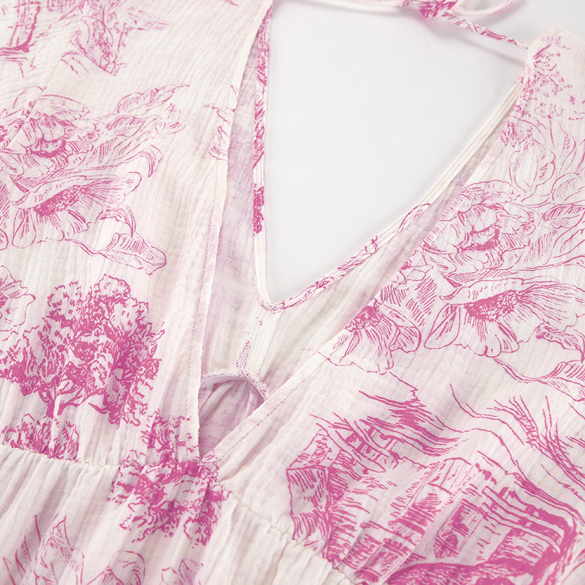 Lantern Sleeve V-Neck Printed Lace-Up Maxi Dress