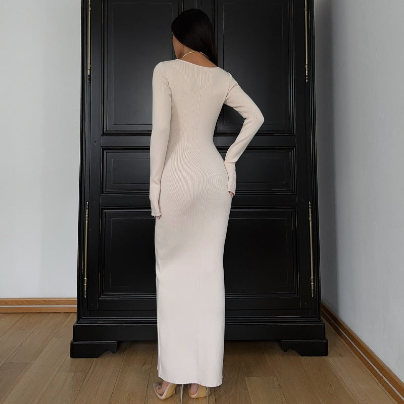 U-neck High Waist Slim Fit Slit Knitted Dress