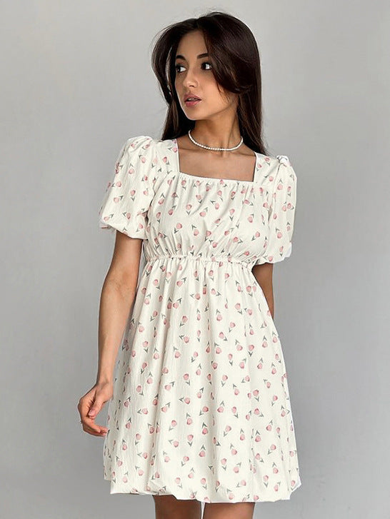 Short-Sleeve Square Neck Floral Print Mini A-Line Dress