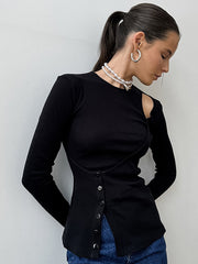 ASYMMETRIC CUTOUT BLACK KNIT TOP