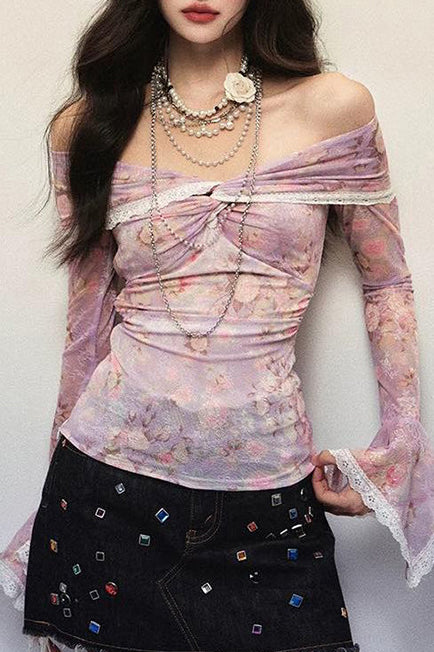 Off-Shoulder Floral Print Ruffled Lace Long-Sleeved Top