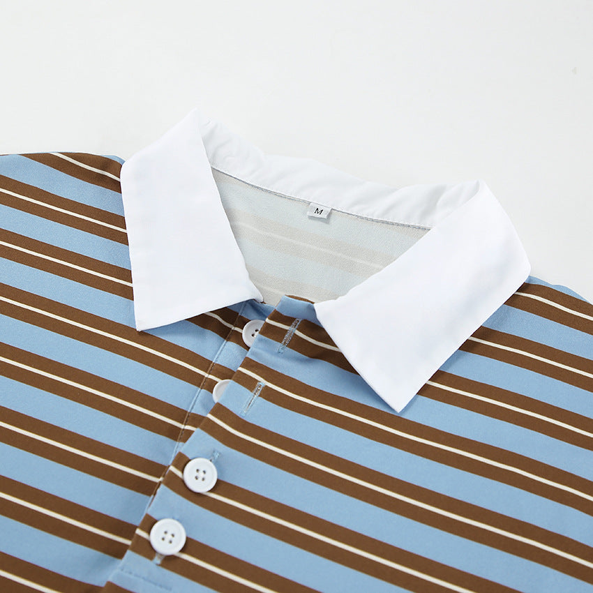 Striped Print Buttons Contrast Turndown Collar Tops