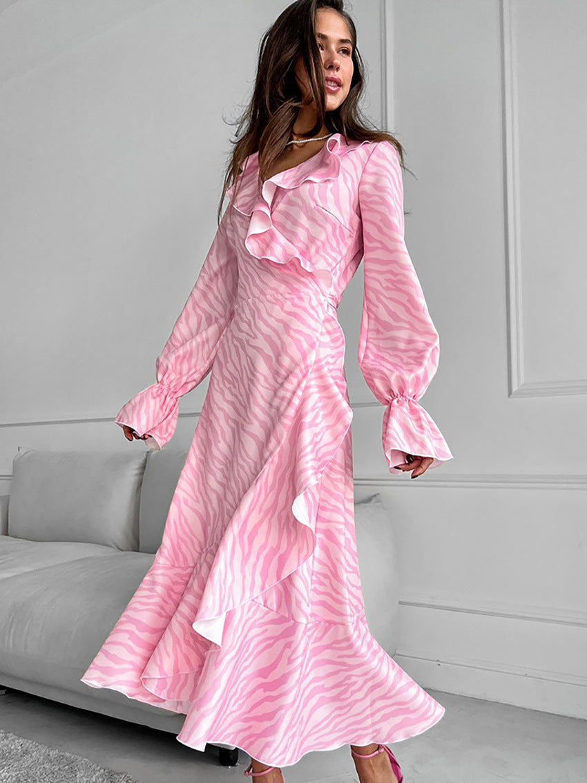Zebra Print Lace Up Ruffle V Neck A Line Dresses