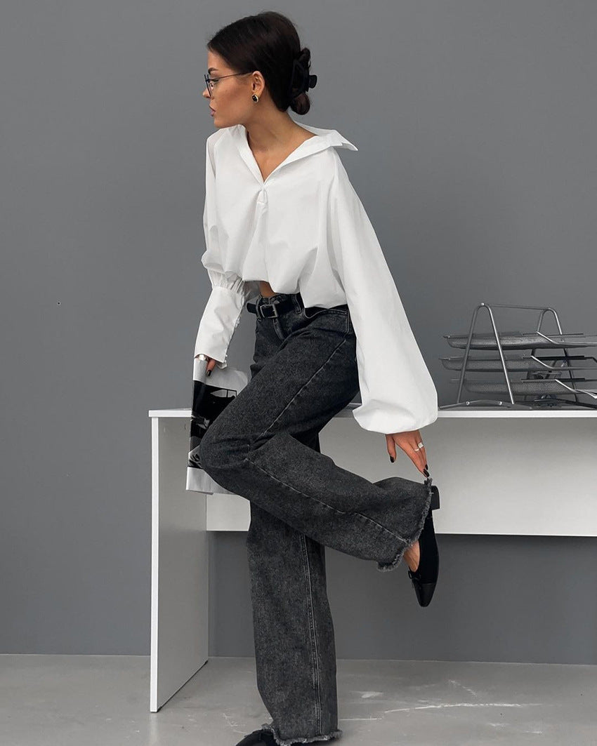 Lapel Navel Asymmetric Sleeves Shirt