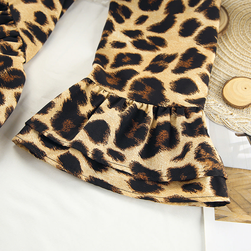 Leopard Print Loose V-neck Tie Top and Elastic Waist Comfort Pants Set