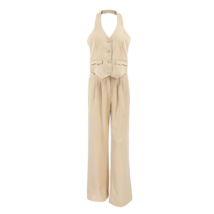 V-Neck Halter Vest Wide-Leg Pants Suit