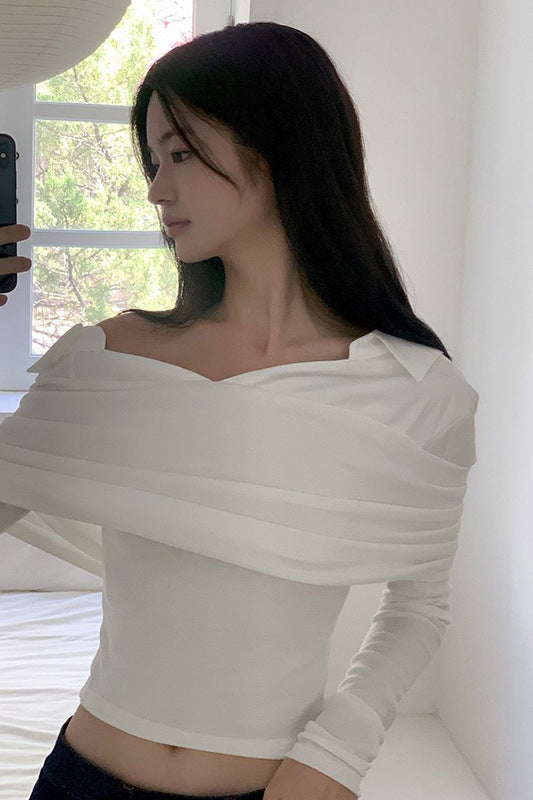 Off-Shoulder Colorblock Long-Sleeved Slim-Fit T-shirt