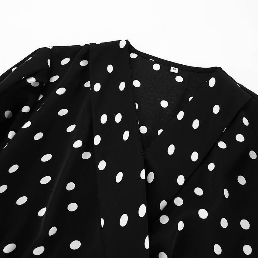 V-Neck Polka Dot Long Sleeve Black Short Dresses