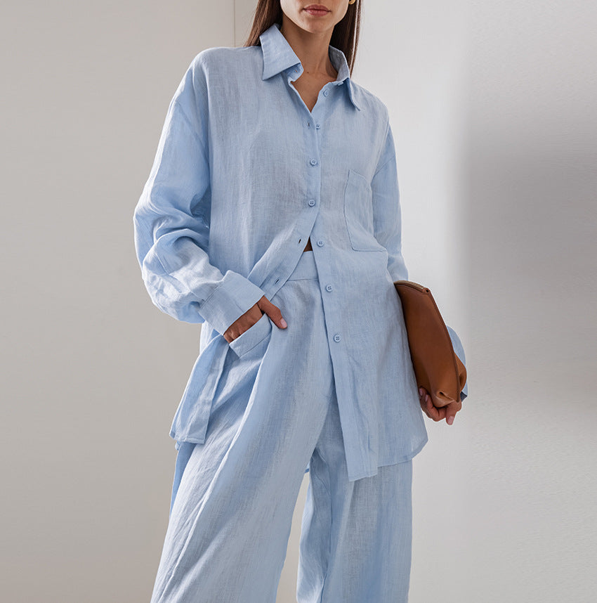 Cotton And Linen Loose Long-Sleeved Trousers Suit