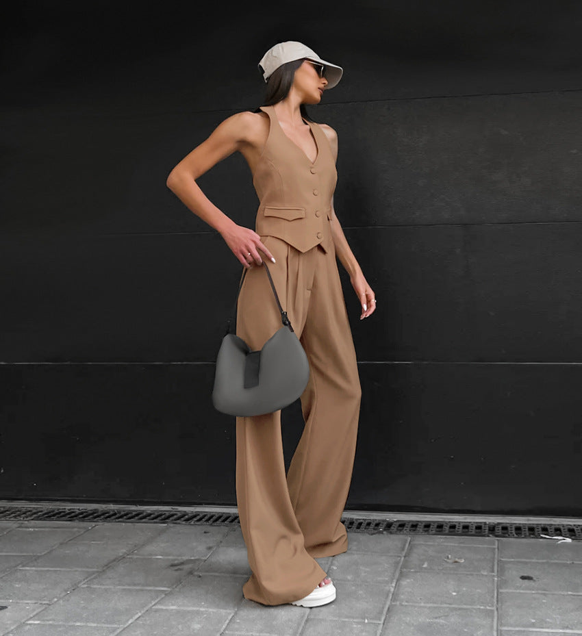 V-Neck Halter Vest Wide-Leg Pants Suit