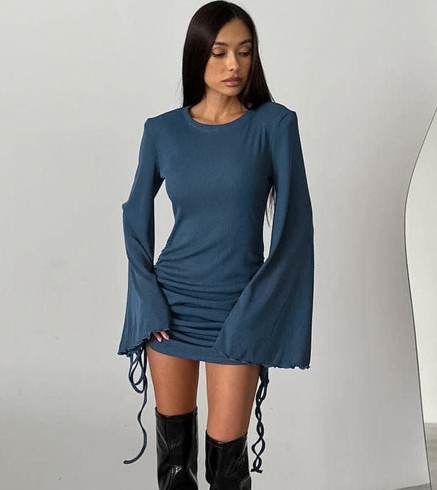 Flare Sleeve Pleated Thermal Lined Dress