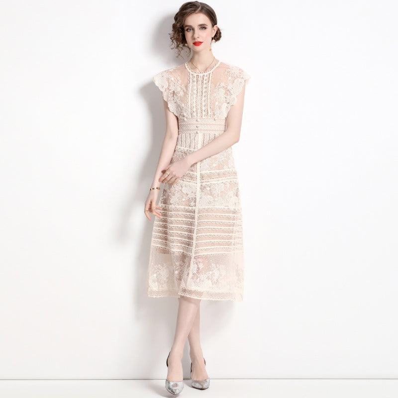 A-LIne Sleeveless Silk Lace Midi Dress