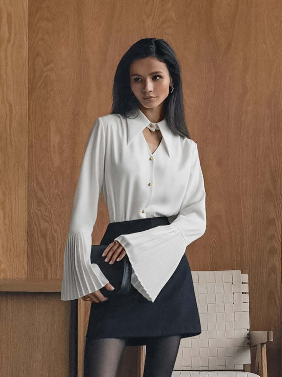 Turndown Collar Cutout Pleated Flare Sleeve Blouse