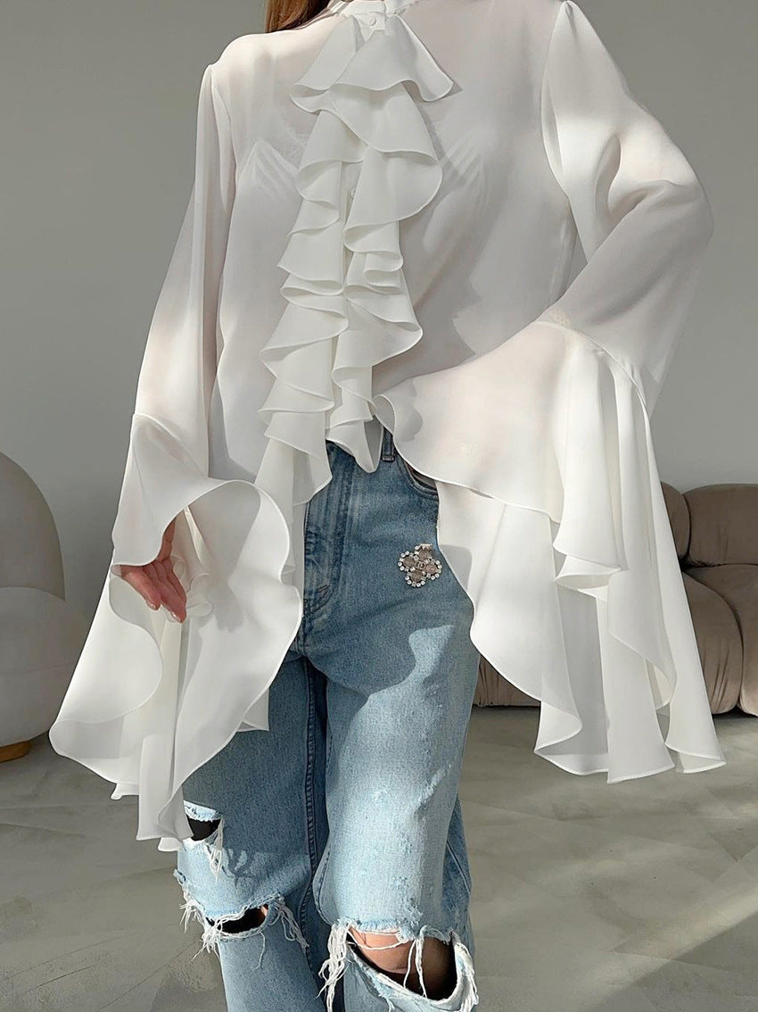 Bell Sleeve Up Sheer Chiffon Ruffle Blouse