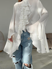 Bell Sleeve Up Sheer Chiffon Ruffle Blouse