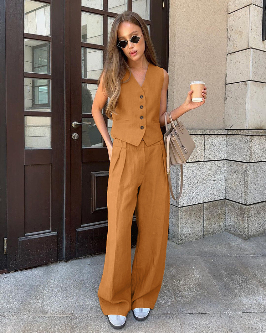 Slim Fit Sleeveless Vest Casual Wide Leg Pants Set