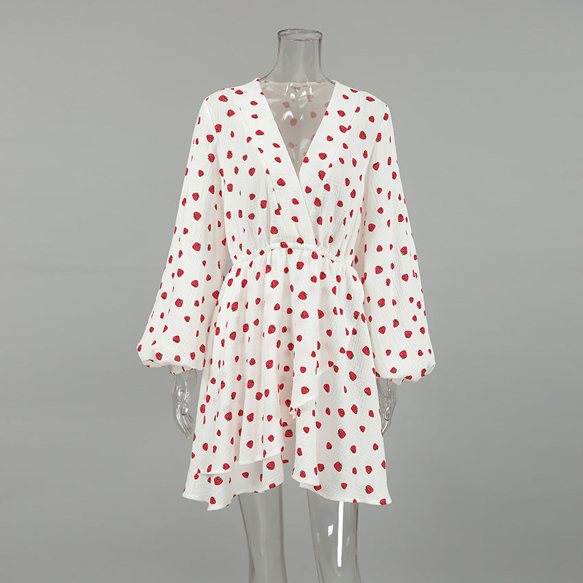 Strawberry Print Puff Sleeve Cotton Dress