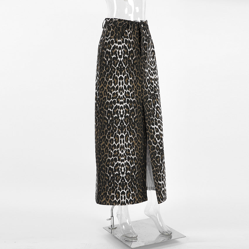 Cotton Leopard Print Split Midi Skirts