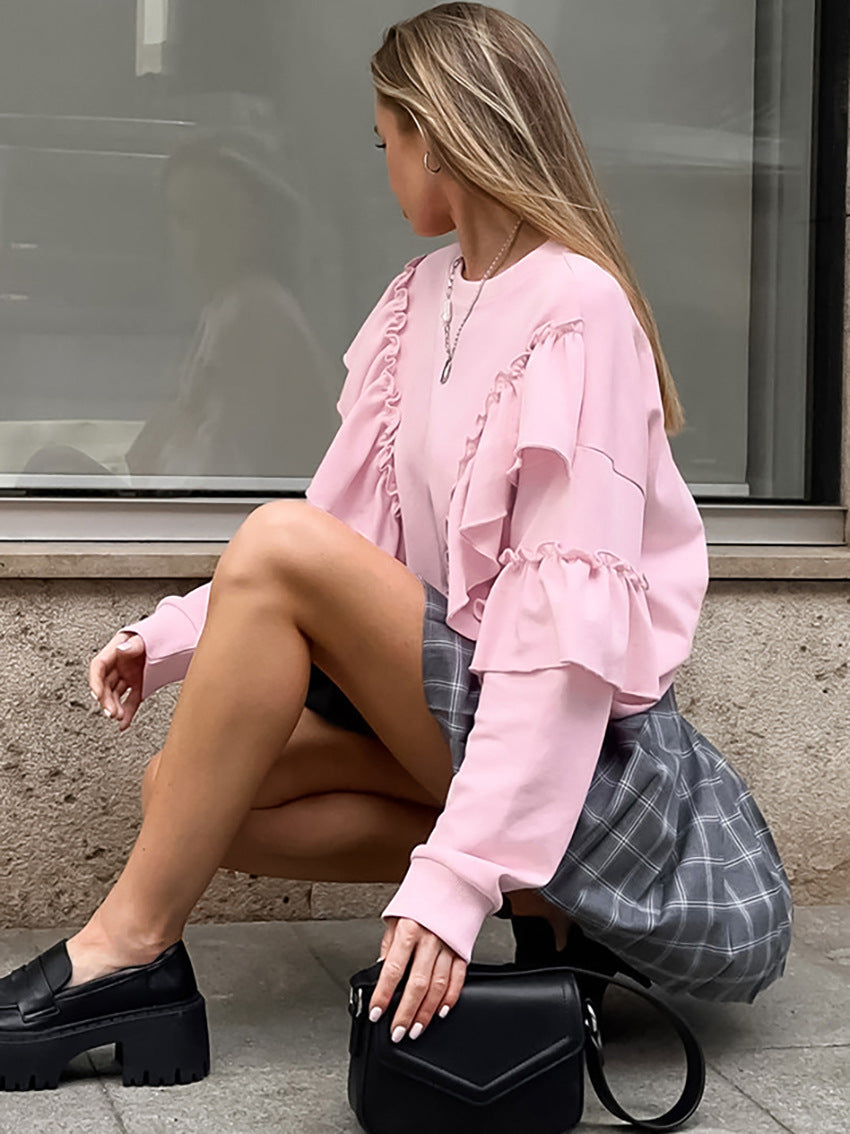 Flouncy Round Neck Long Sleeve  Loose Sweatshirt