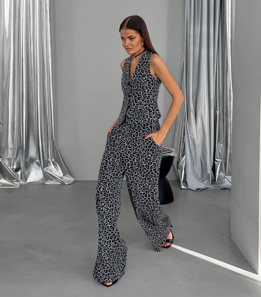 Retro Street Leopard Print Casual Vest and Trousers Two-Piece Set