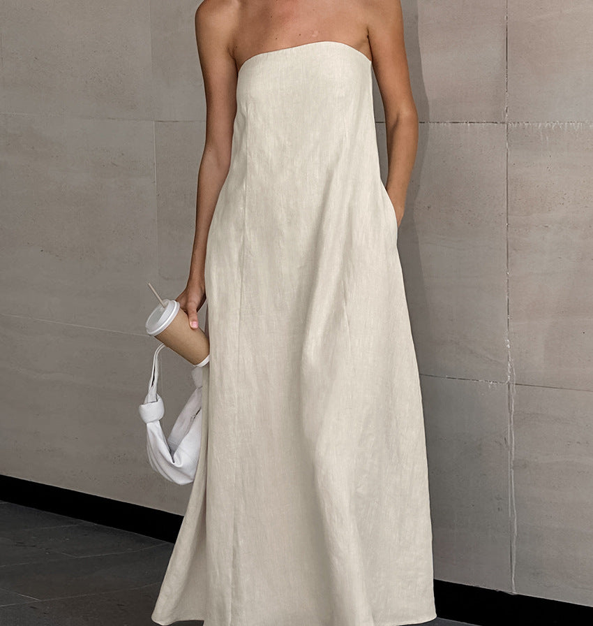 Linen A-Line Strapless Maxi Dress