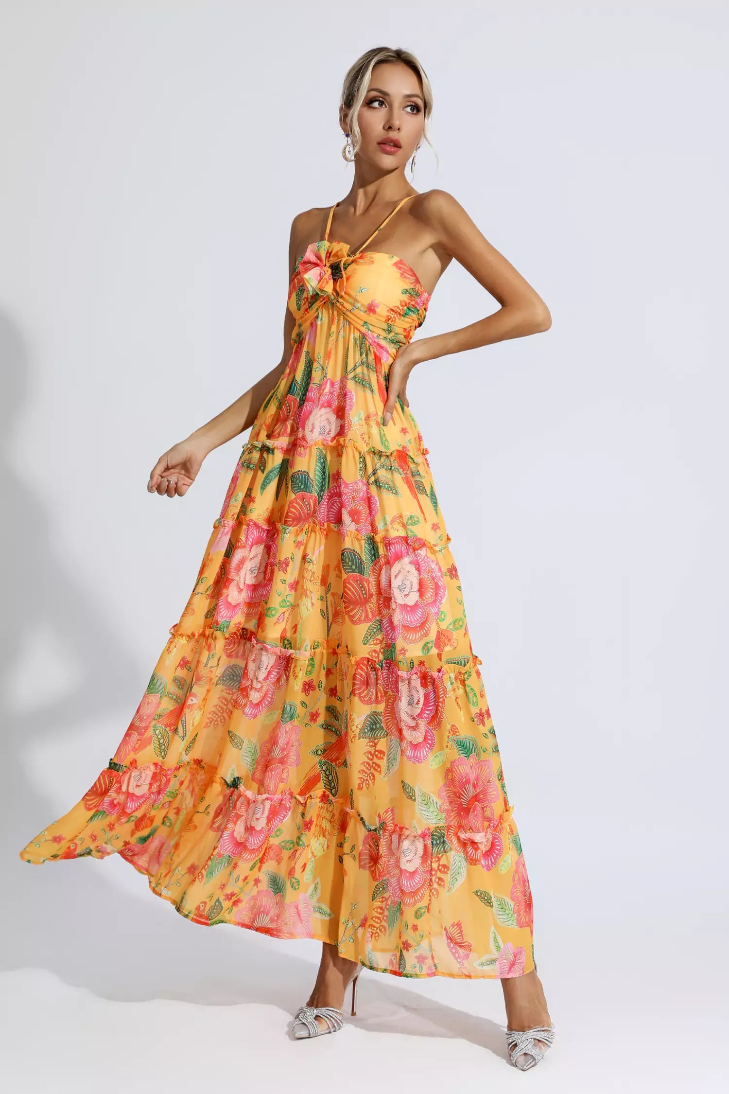 Paris Yellow Halterneck Floral Maxi Dress