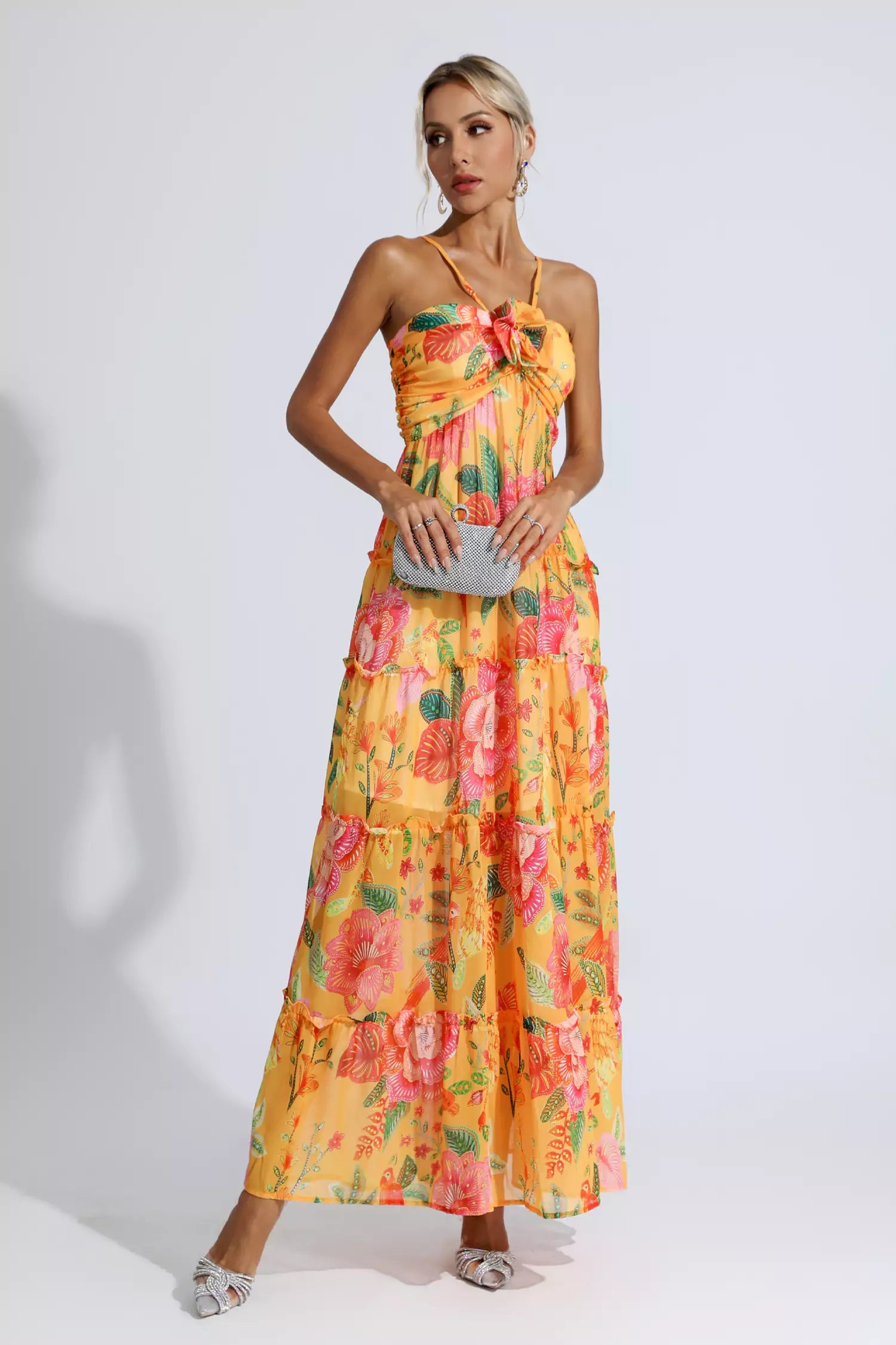 Paris Yellow Halterneck Floral Maxi Dress