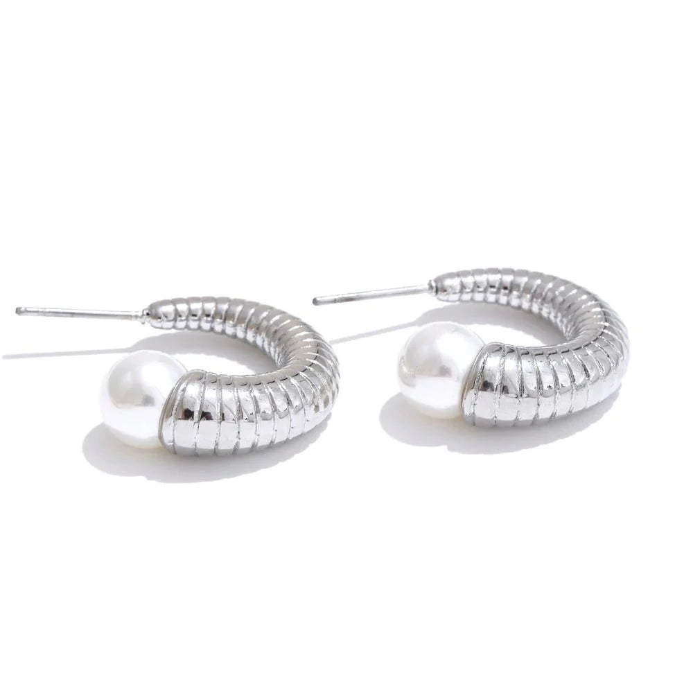 Pearl Ribbed Small Hoop Earrings