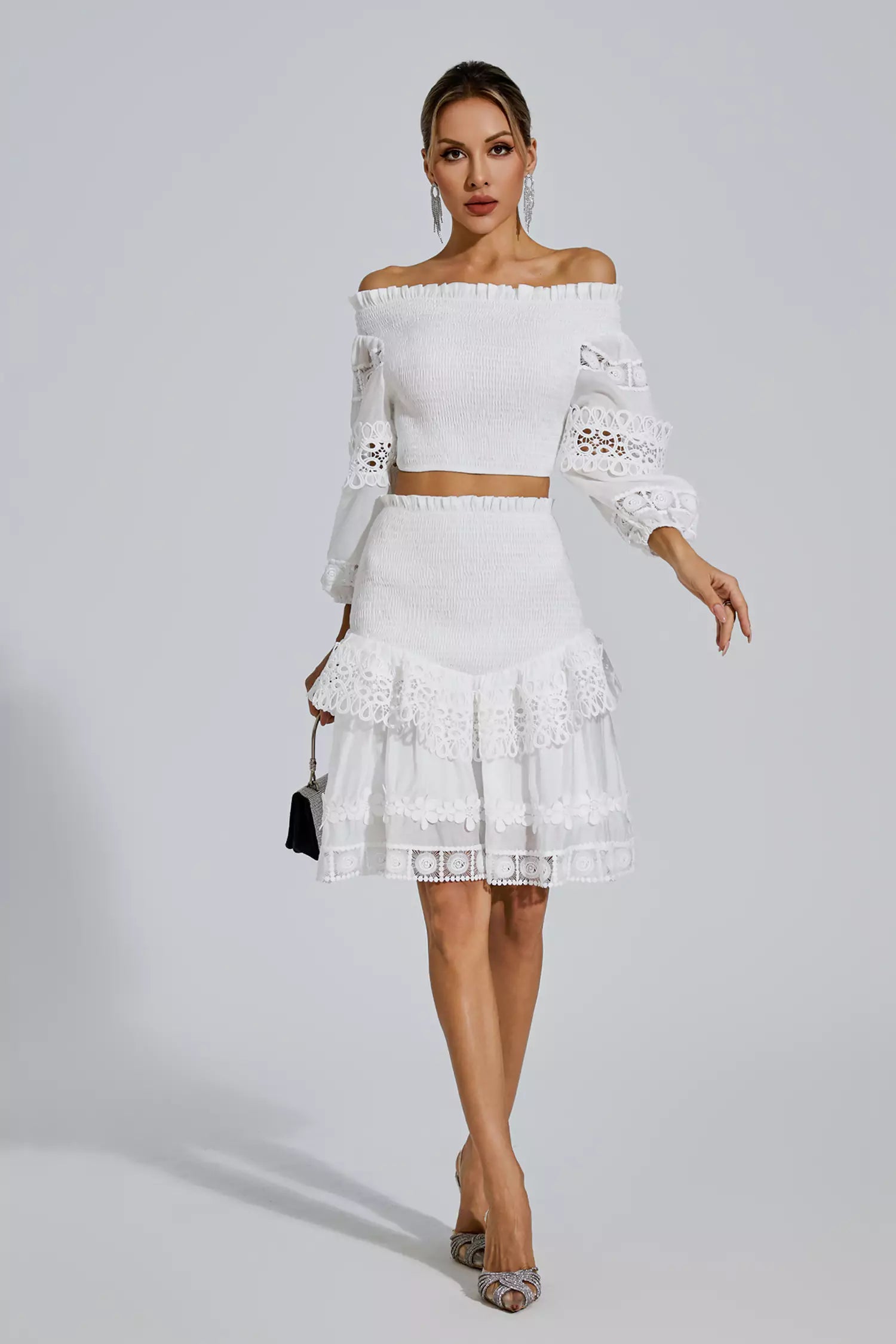 Raina White One-Shoulder Embroidered Set