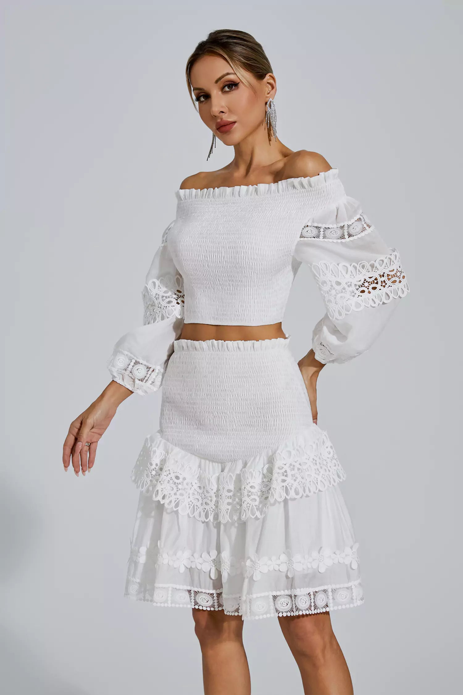 Raina White One-Shoulder Embroidered Set