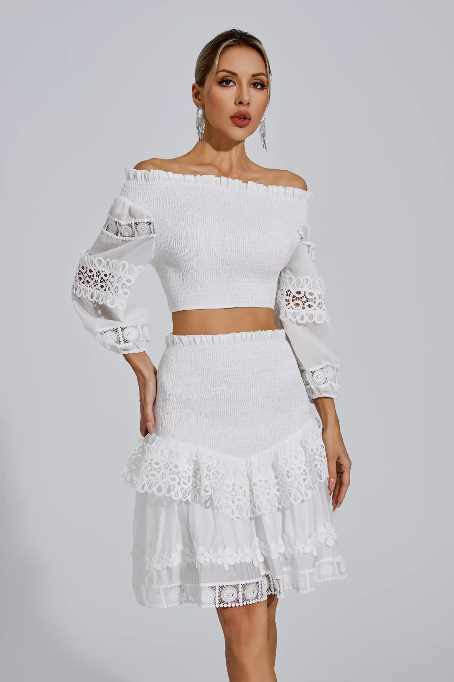 Raina White One-Shoulder Embroidered Set