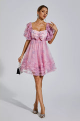 Raquel Pink Bubble-Sleeve Mini Dress