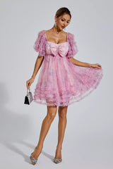 Raquel Pink Bubble-Sleeve Mini Dress