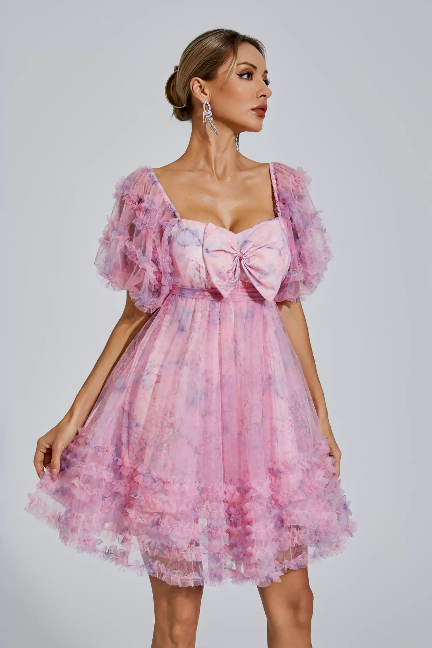 Raquel Pink Bubble-Sleeve Mini Dress