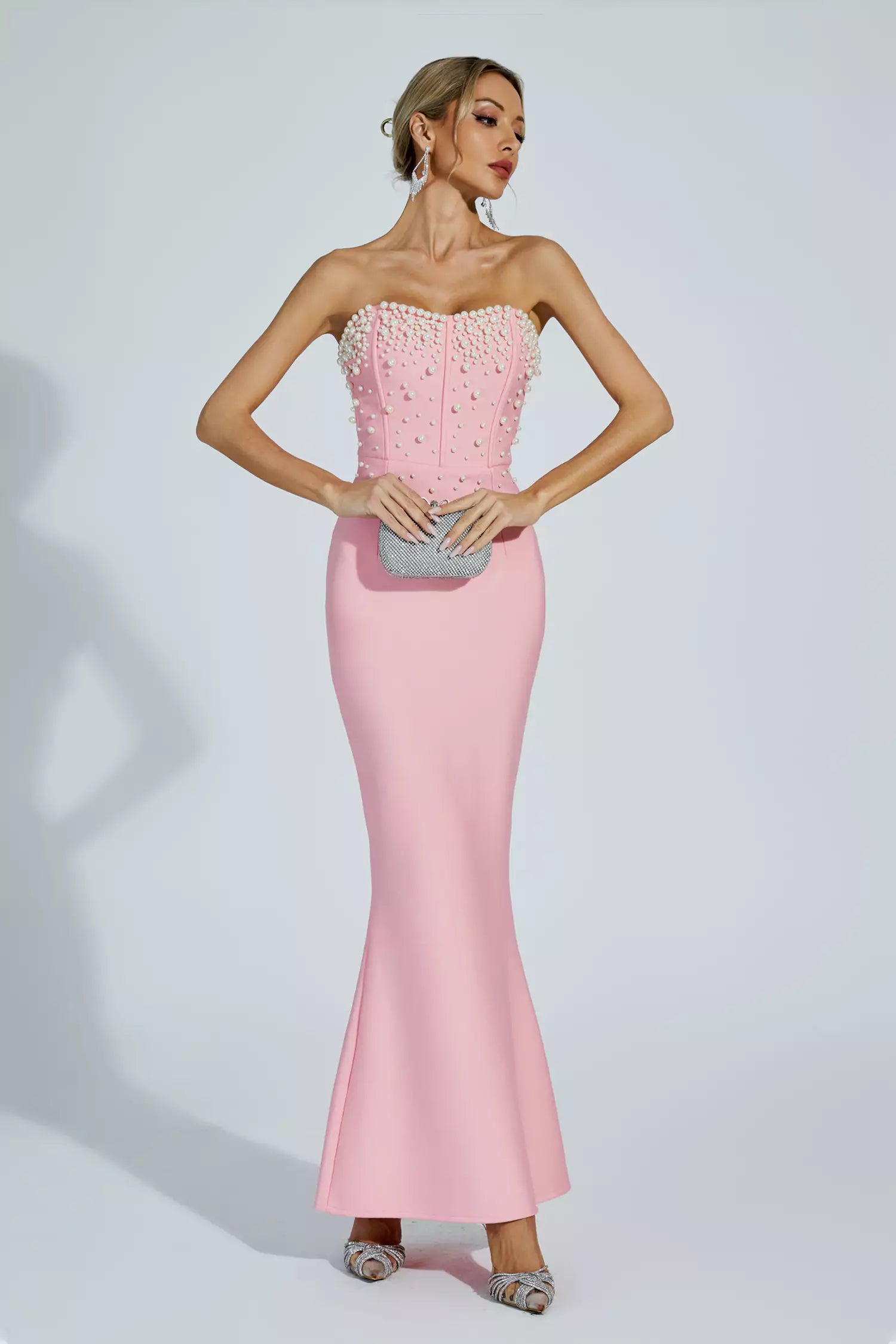 Rebekah Pink Beaded Bandage Dress