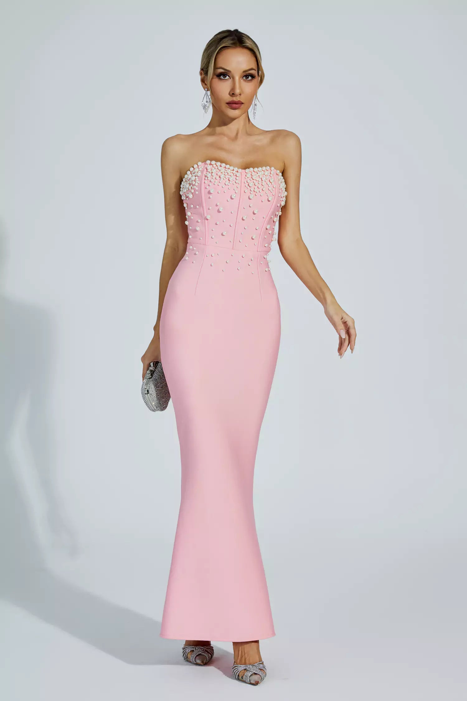 Rebekah Pink Beaded Bandage Dress