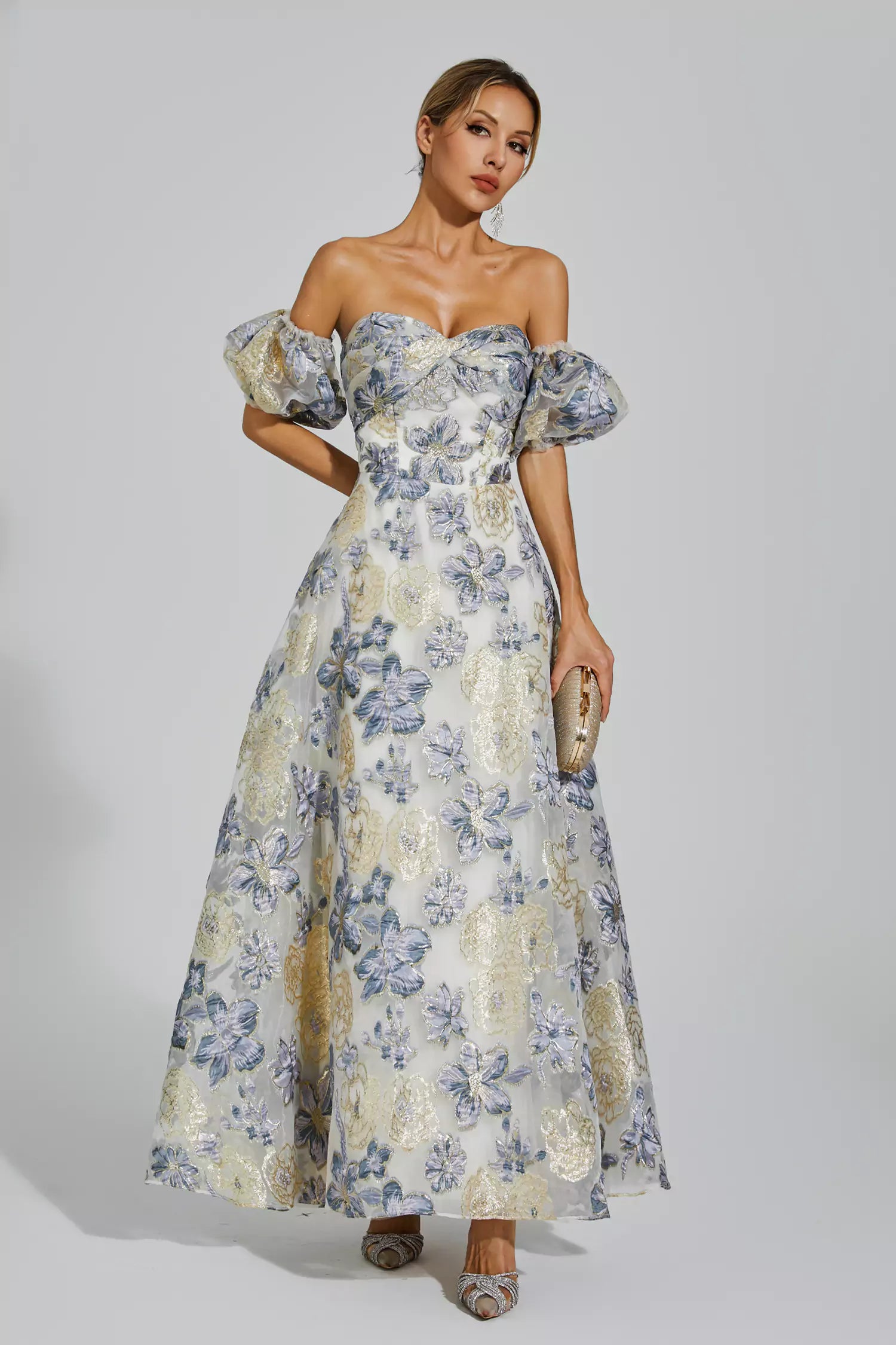 Reem Blue-Purple Flower Off Shoulder Dress