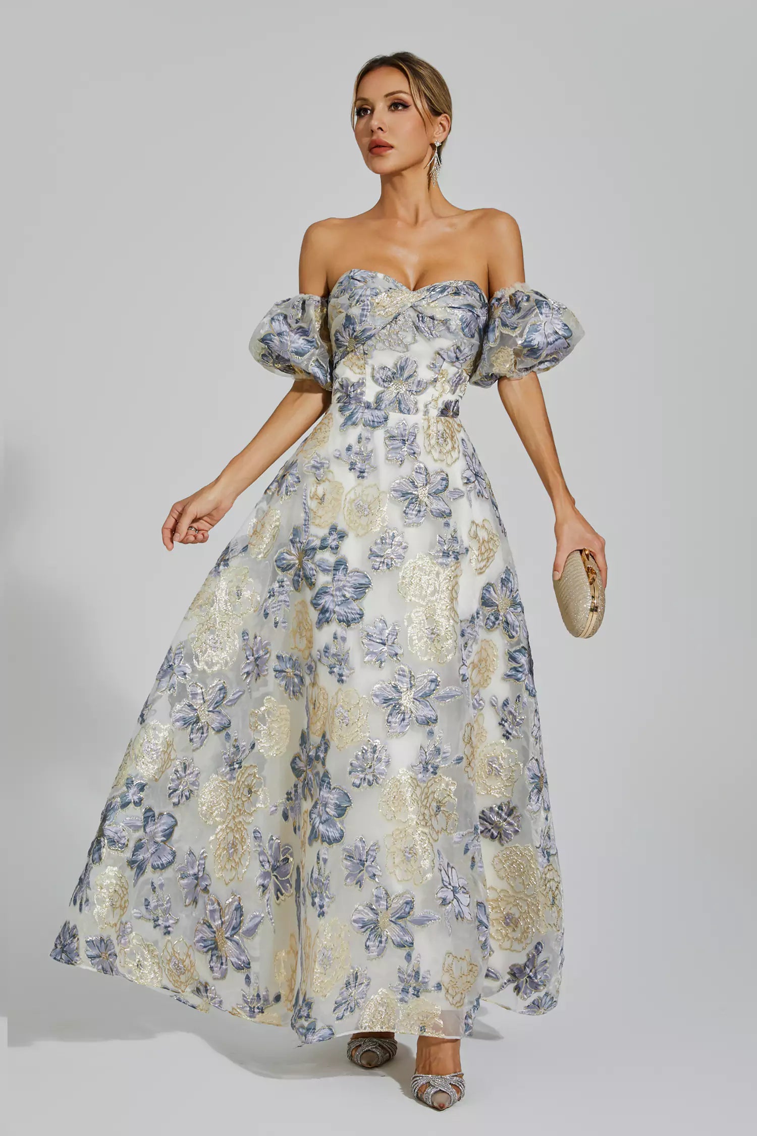 Reem Blue-Purple Flower Off Shoulder Dress