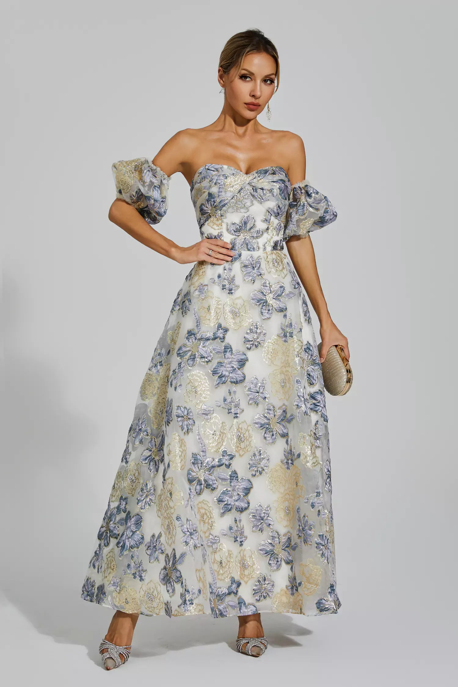 Reem Blue-Purple Flower Off Shoulder Dress