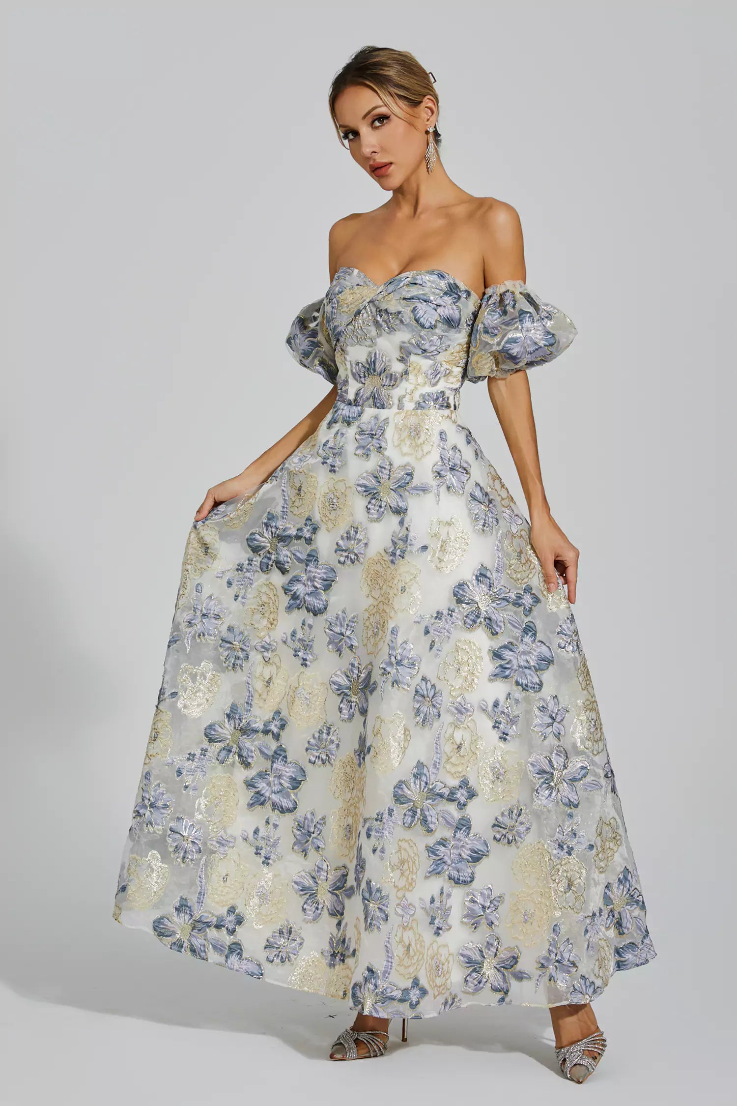 Reem Blue-Purple Flower Off Shoulder Dress