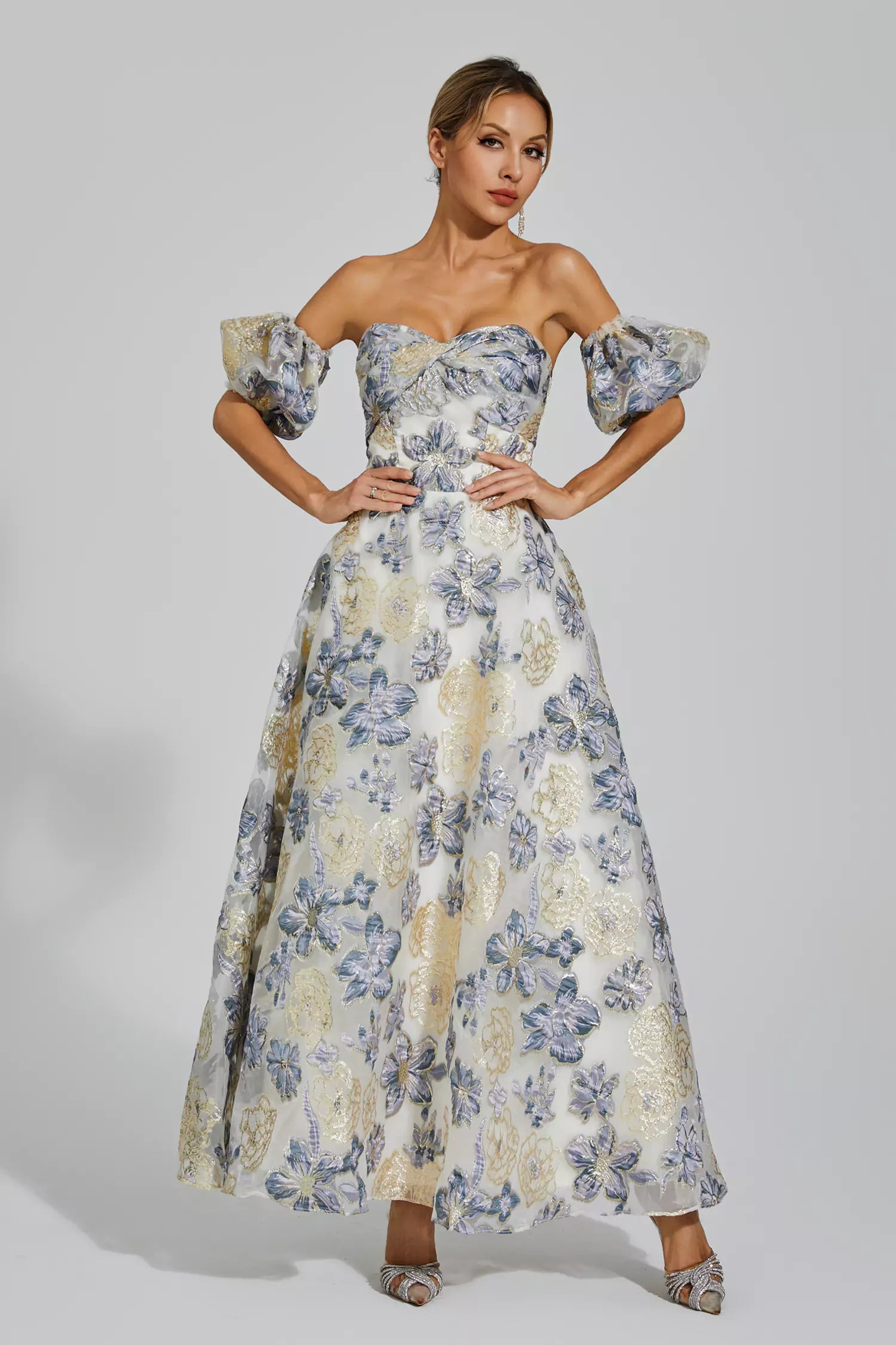 Reem Blue-Purple Flower Off Shoulder Dress