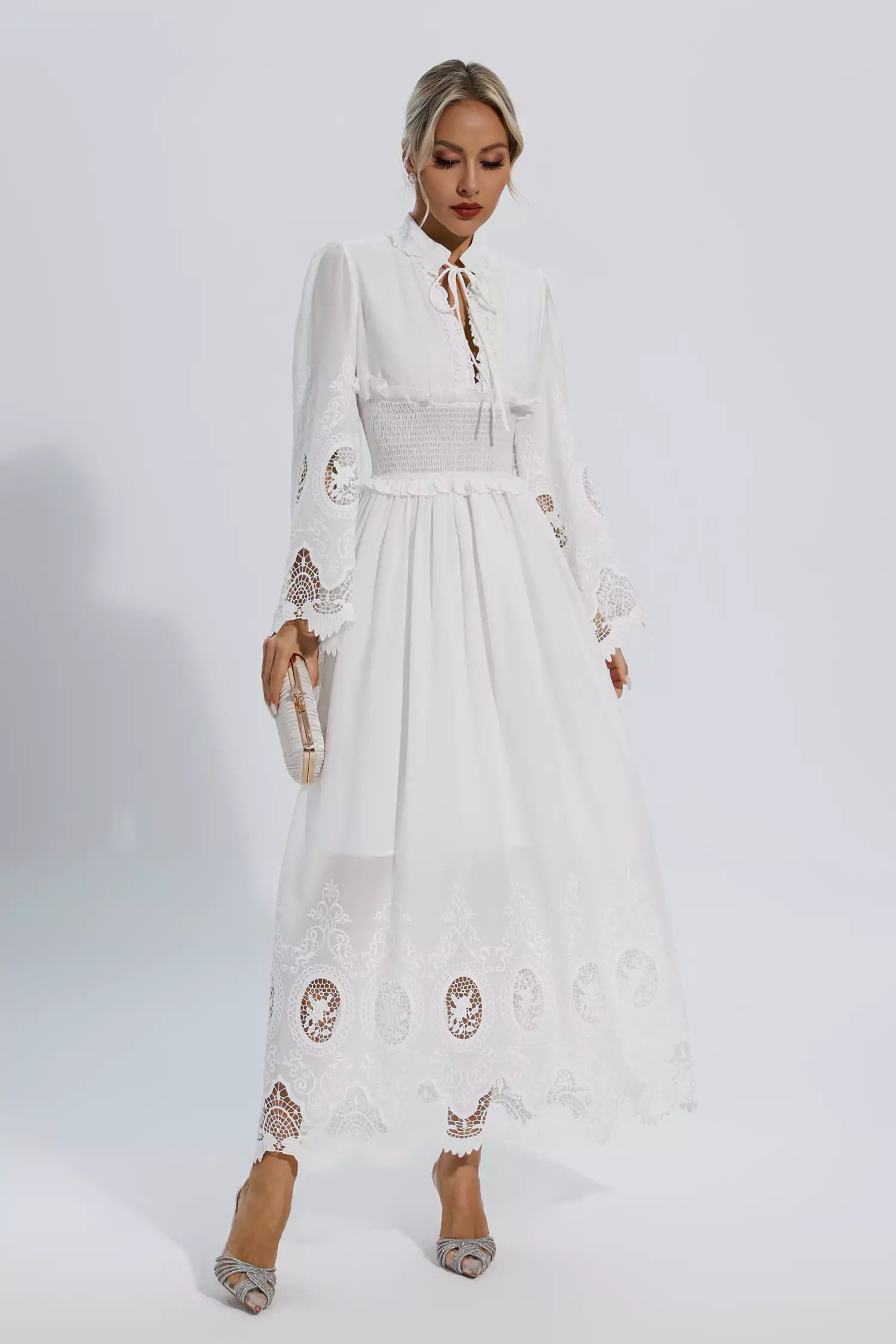 Remy White Long Sleeve Lace Maxi Dress